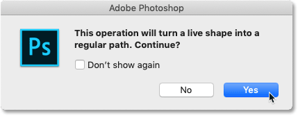 Clicking Yes to turn the live shape into a regular path in Photoshop