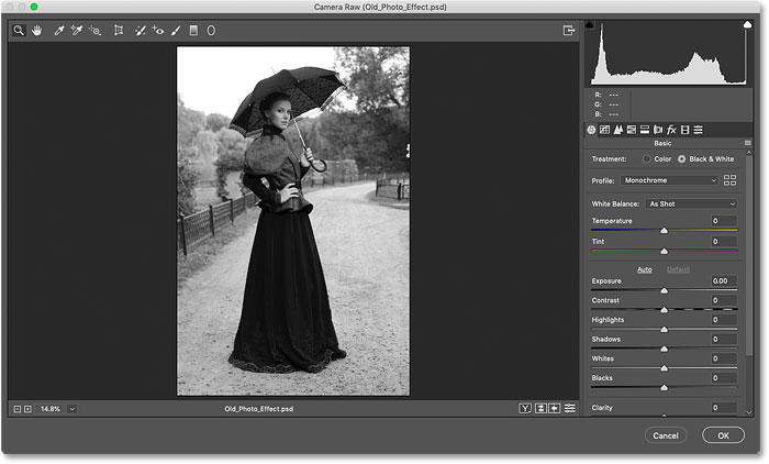 The initial black and white conversion for the old photo effect in Photoshop