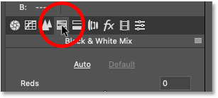 Opening the Black & White Mix panel\'s tab in the Camera Raw Filter